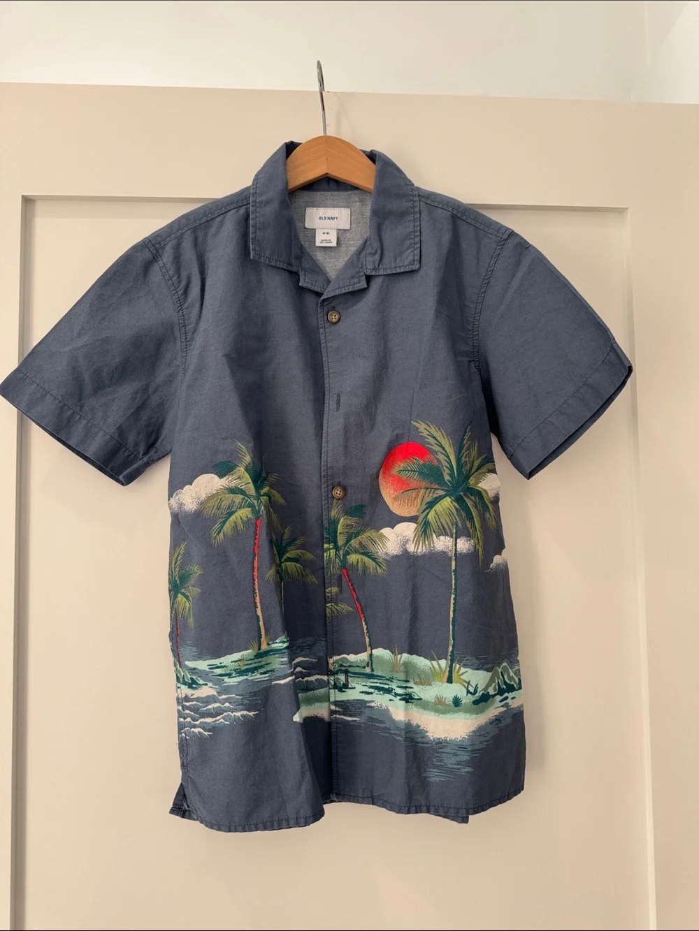 Old Navy Navy Short-Sleeve Tropical Palm Print Button-Down Shirt